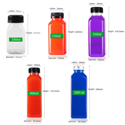 Custom Support Different Size Clear Pet Plastic Square Juice Beverage Bottle With Black White Lids