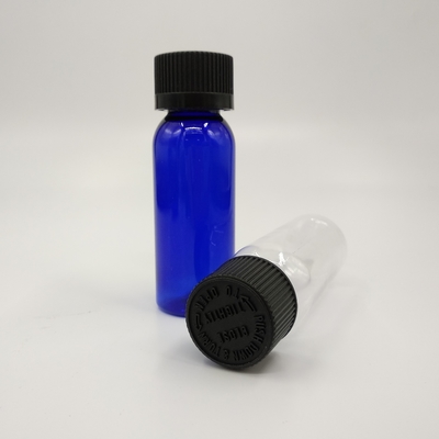 1 oz Cobalt Blue Plastic Boston Round Bottles With Black Ribbed Cap