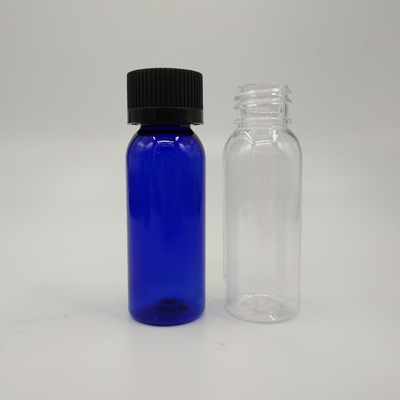 1 oz Cobalt Blue Plastic Boston Round Bottles With Black Ribbed Cap