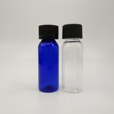 1 oz Cobalt Blue Plastic Boston Round Bottles With Black Ribbed Cap