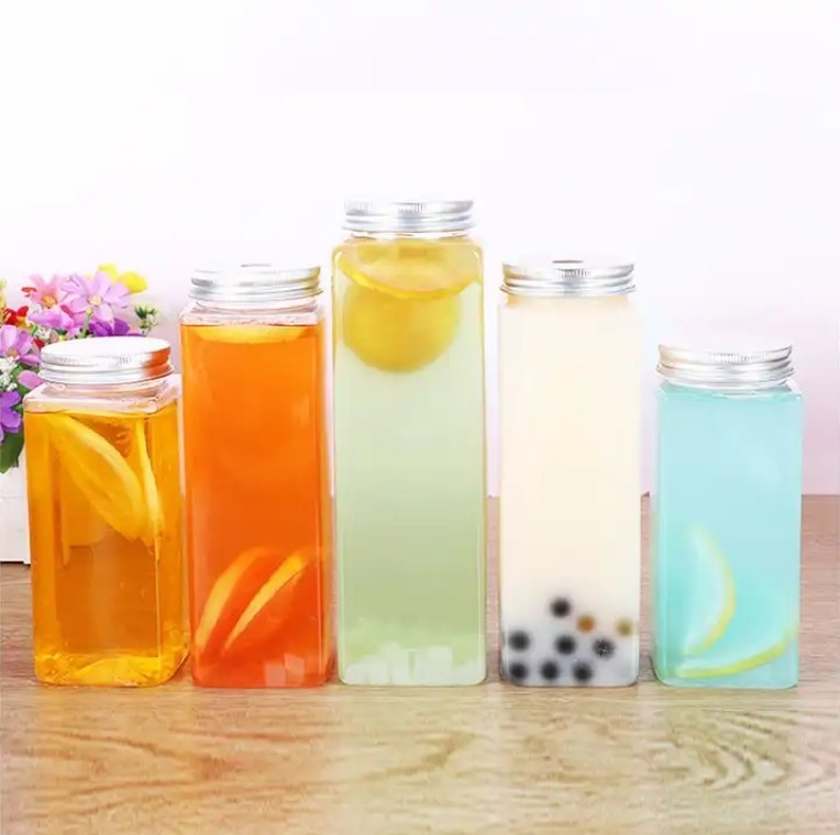 Square Round Insulated Milk Tea Bottles with Handle 0.5kg Weight Screw on Lid