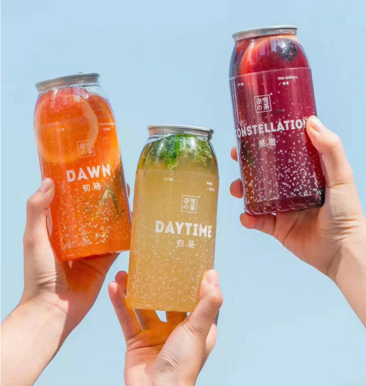 Custom logo clear Plastic Juice Cans Plastic Can with Aluminum Lid Pet Plastic Easy Open Juice Can with Free Sample